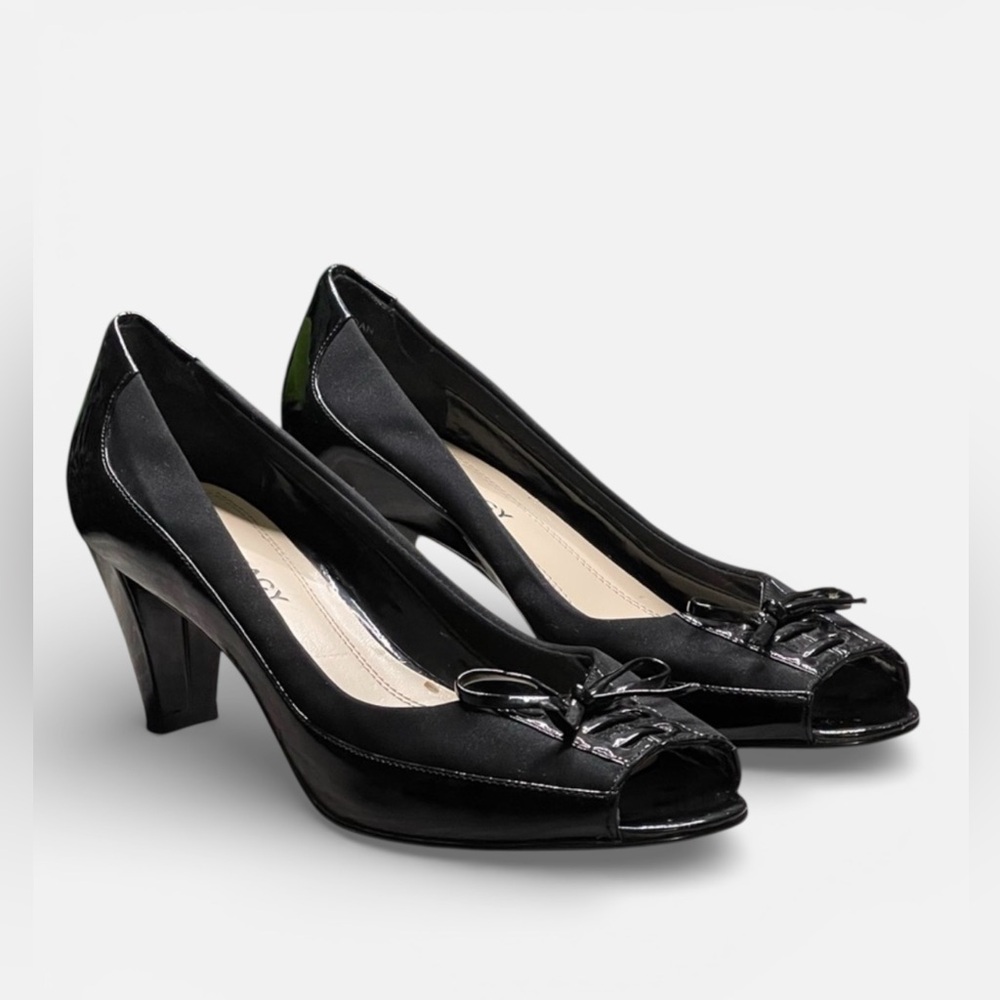 Ellen Tracy Jordan Black Lace Up Bow Peep Toe Heels